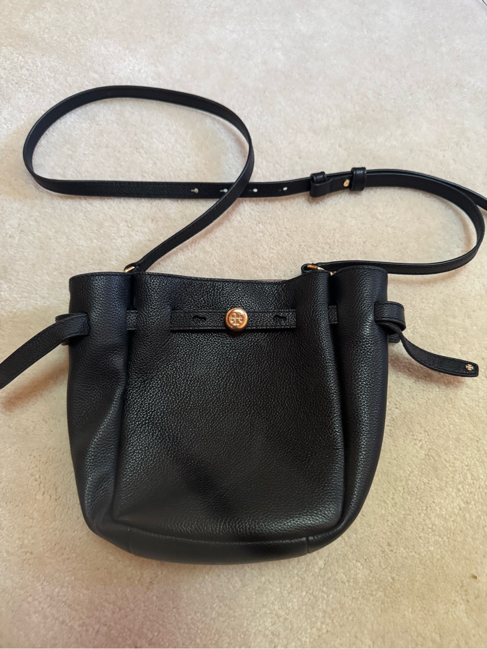 Tory Burch Black Pebbled Leather Drawstring Crossbody with Gold Logo